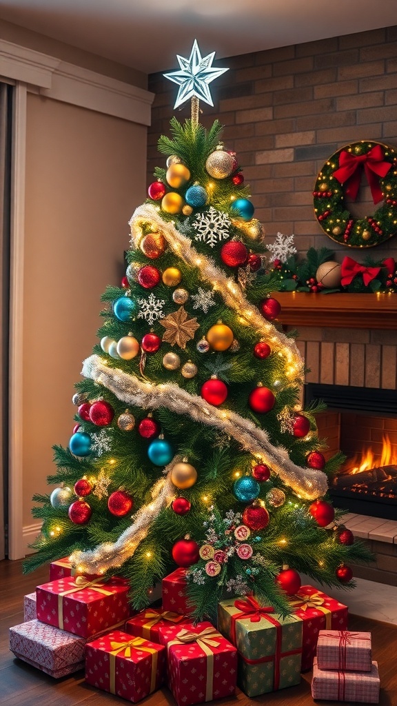 Festive Christmas Tree Decoration Ideas A festive Christmas tree with lights and ornaments, surrounded by gifts in a cozy living room.